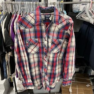 Wrangler Shirt Mens Large Red Plaid Flannel Pearl Snap X-Long Tails Western L/XL